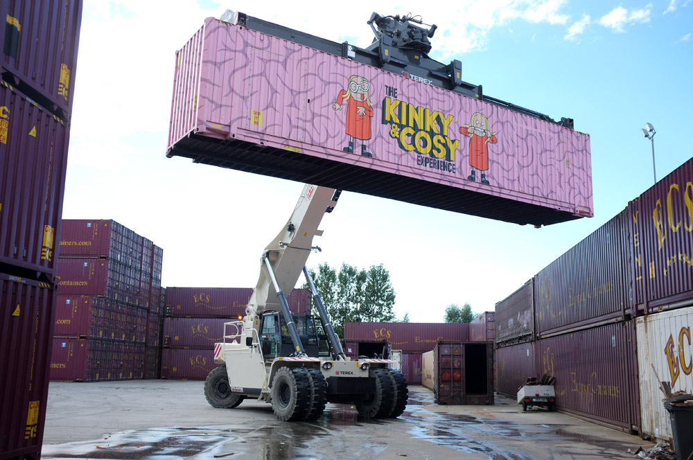 The Kinky & Cosy container at the port of Zeebrugge, among thousands of similar sized containers.